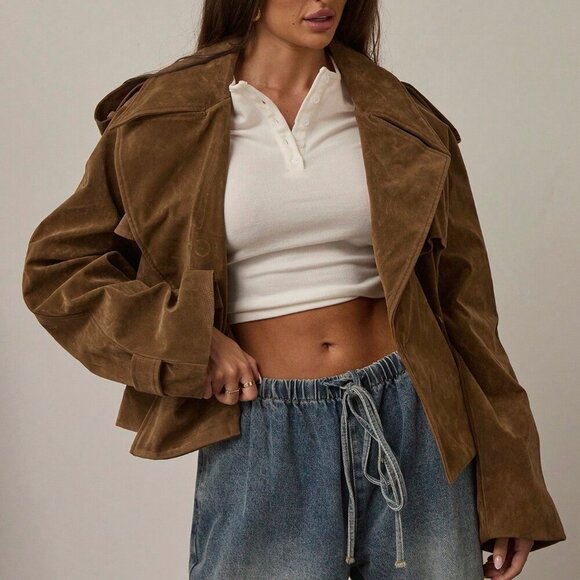 Brown Women's Casual faux Suede Long-Sleeve Belted mini Trench Coat - Picture 4 of 8